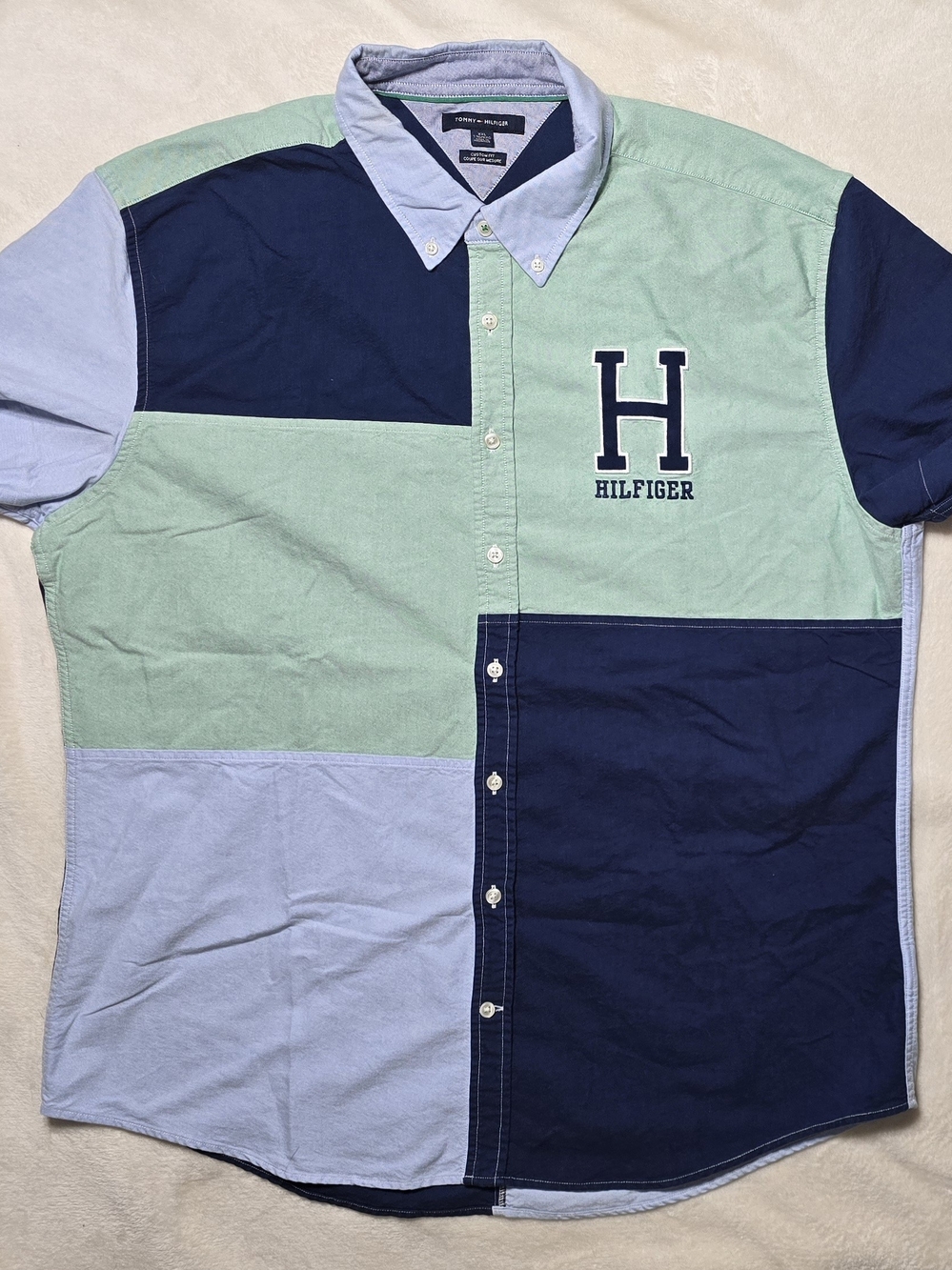 Vintage Tommy Hilfiger Men XXL Colorblock button-down shirt Green Blue